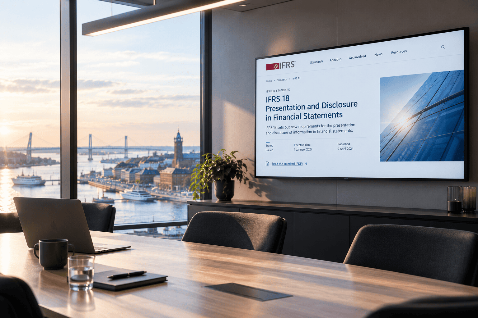 IFRS 18 på en skärm i ett modernt konferensrum med utsikt över Göteborgs hamn